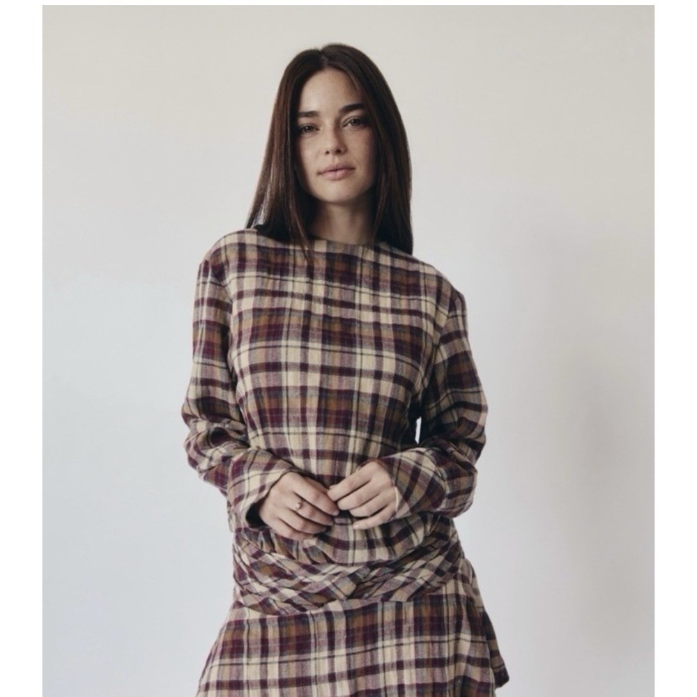 NWT Zara Plaid Checked Mini Dress Ecru Maroon Women's Size S Lined $80